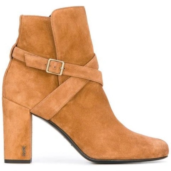 Saint Laurent suede babies 90 cross strap logo block heel camel ankle boots - Picture 1 of 10